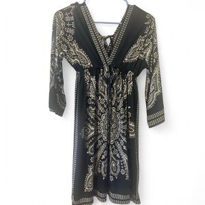 Black & Cream V-Neck Paisley Print Women's Dress